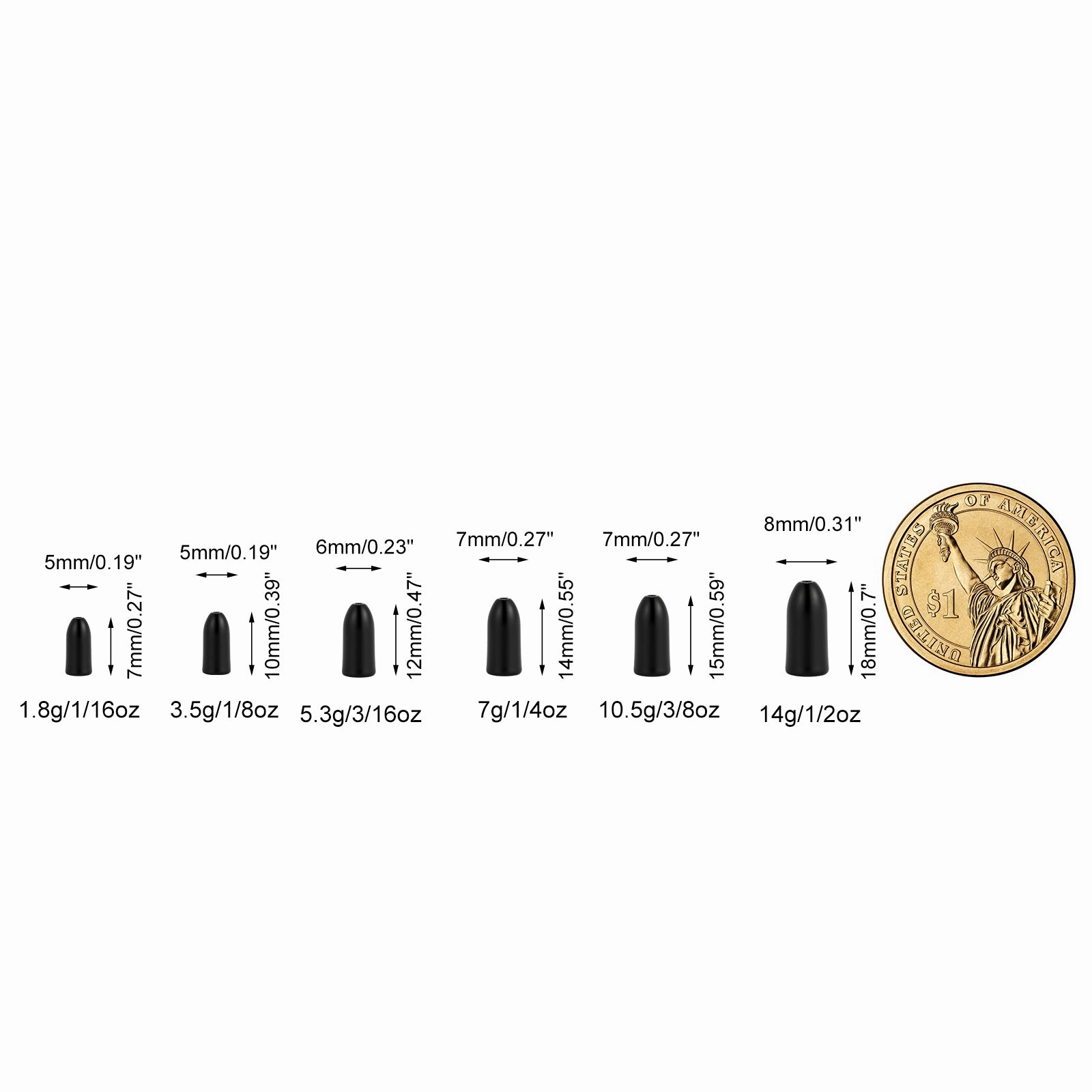 Dr.Fish 5pcs Tungsten Bullet Shape Weight Sinker