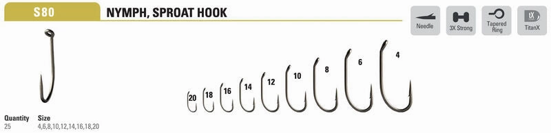 Mustad Nymph Hook 3906 Sproat Bend 3XH Down Eye TitanX 25 Pack