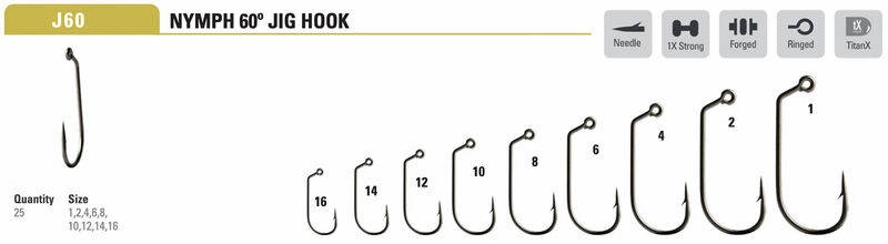 Mustad Nymph Jig Hook 1XH Forged 60 degree Eye TitanX 25 Pack