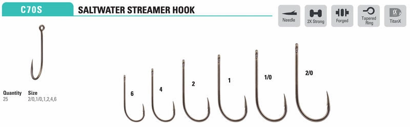 Mustad Saltwater Streamer Hook 2XH 2XS Forged Straight TitanX 25 Pack
