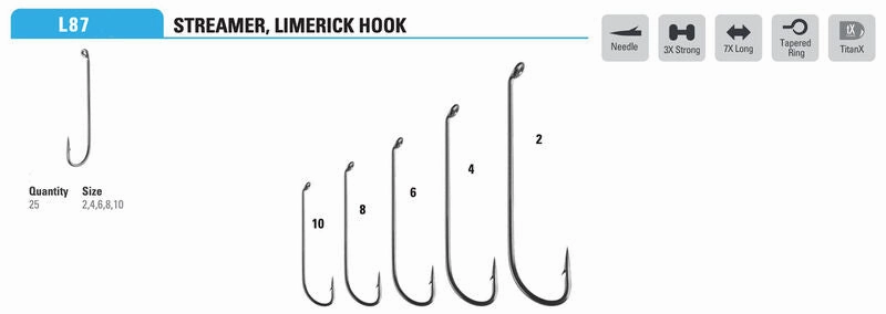Mustad Streamer Hook Limerick Bend 3XH 7XL Forged Down Eye TitanX 25 Pack
